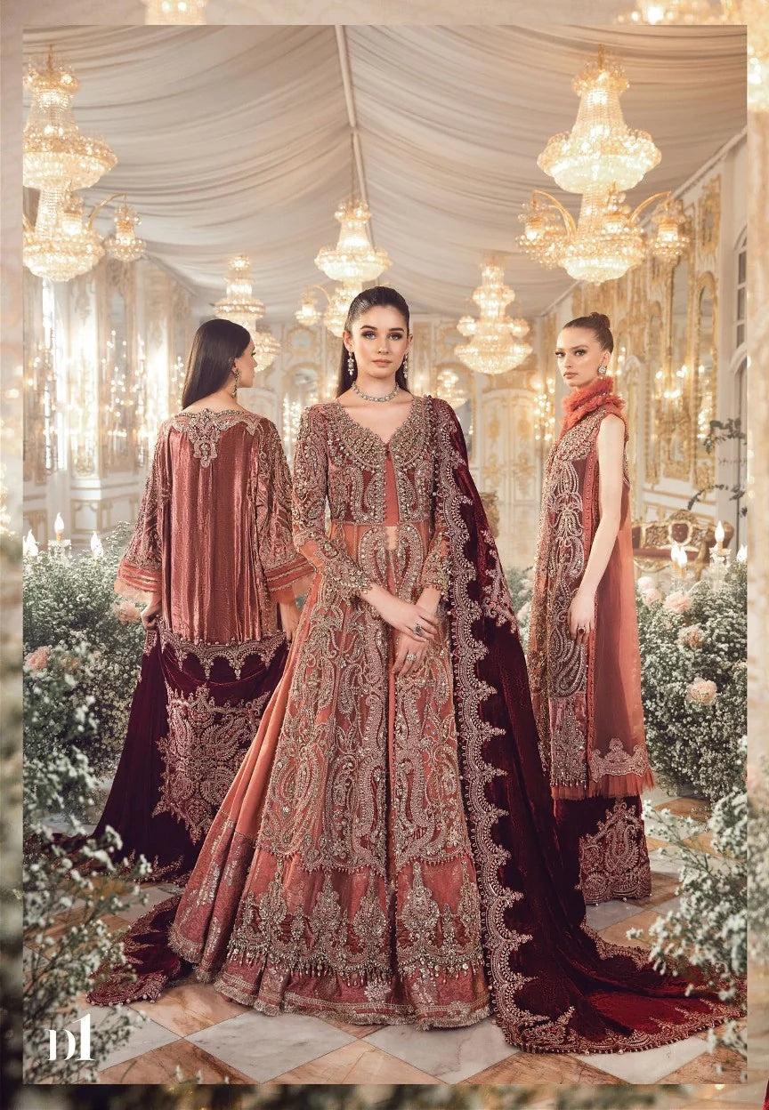 Rust Orange & Burgundy Net Embroidered Bridal Maxi | Ready To Wear