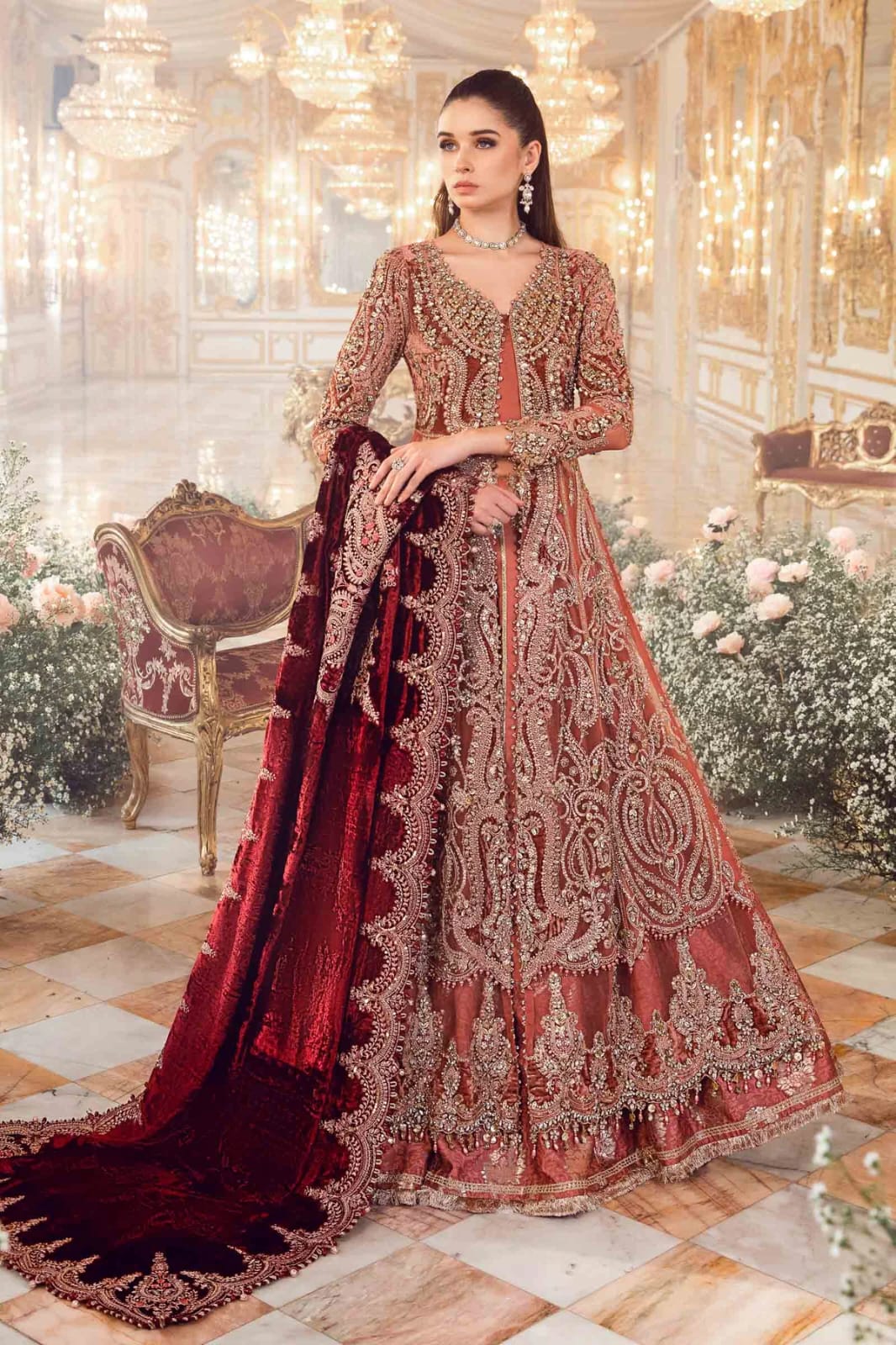 Rust Orange & Burgundy Net Embroidered Bridal Maxi | Ready To Wear