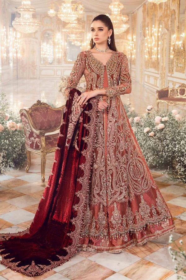 Rust Orange & Burgundy Net Embroidered Bridal Maxi | Ready To Wear