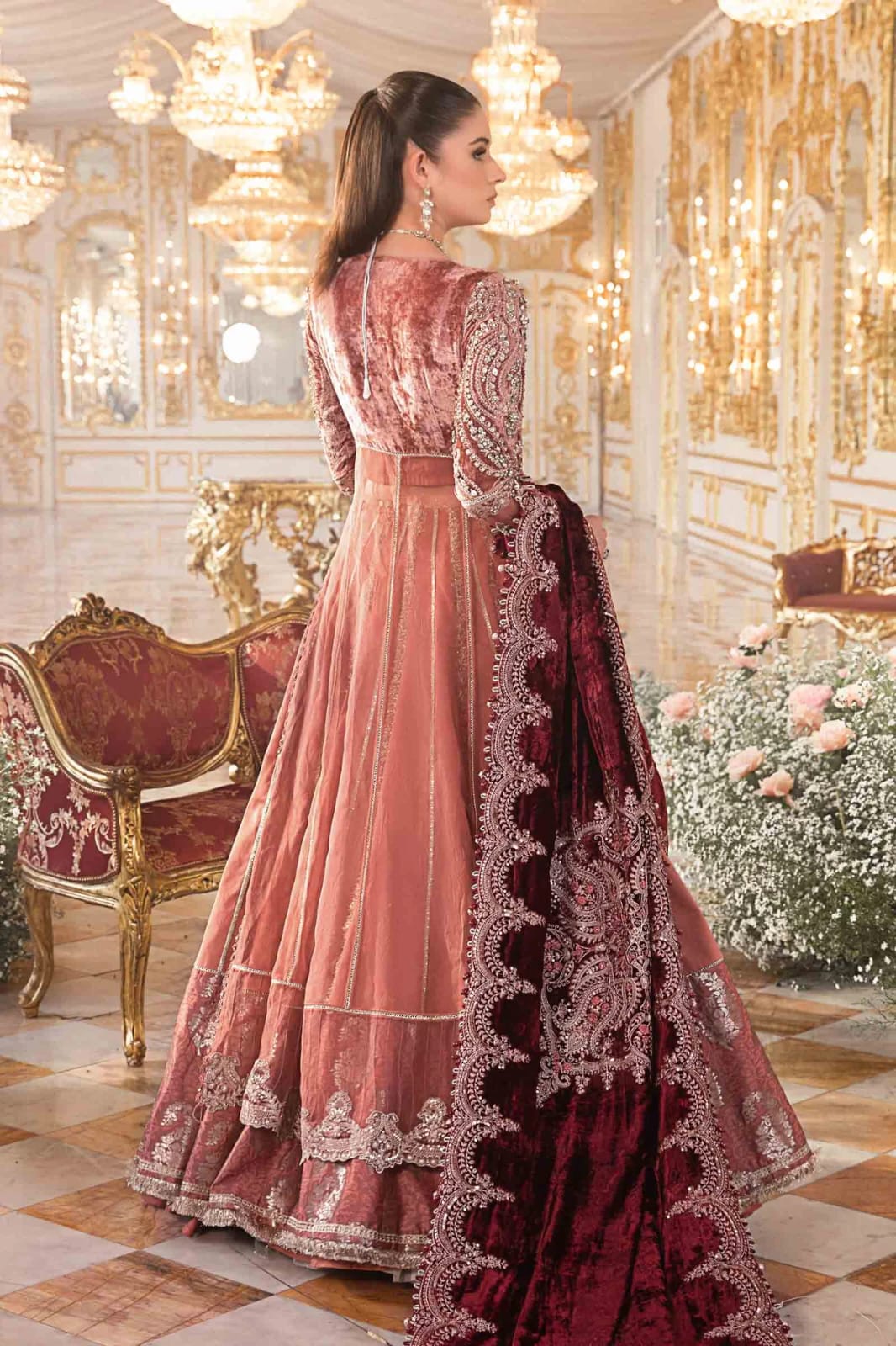 Rust Orange & Burgundy Net Embroidered Bridal Maxi | Ready To Wear
