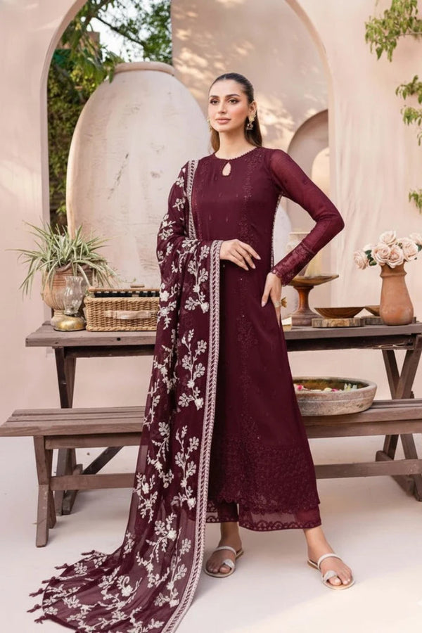 Plum Maroon: Embroidered Chiffon Suit | Ready To Wear