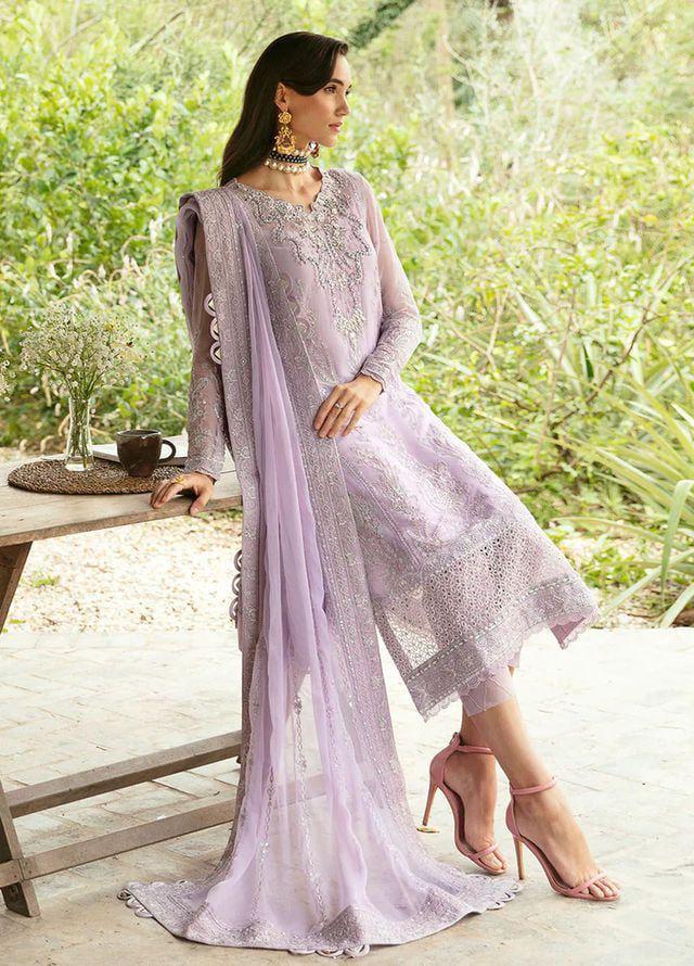 Pastel Lilac & Silver Embroidered Chiffon Suit | Ready To Wear
