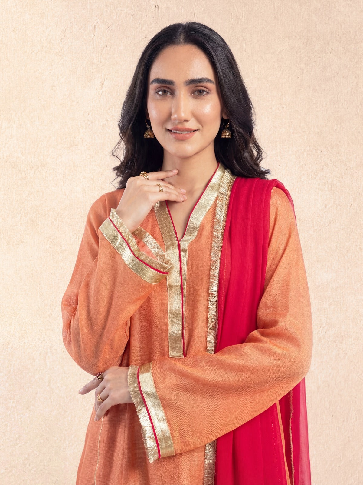Mishry Peach & Hot Pink - 03-Piece Zari Net Suit | Ready To Wear