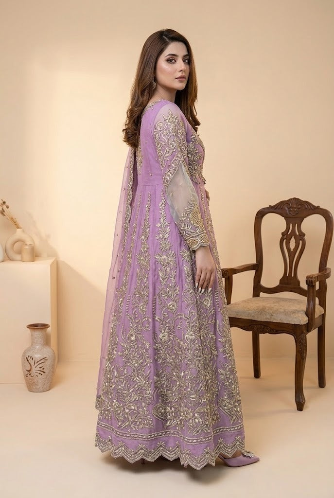 Soft Lilac & Silver Heavily Embroidered Net Maxi | Ready To Wear