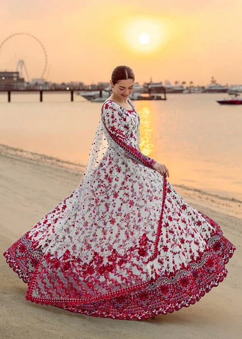 Off-White & Ruby Red: Embroidered Lawn Suit (Maxi Style) - Ready To Wear