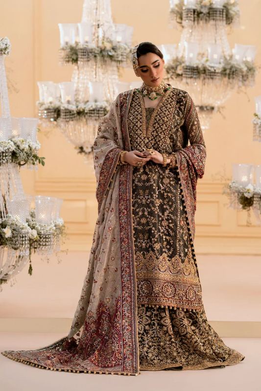 Deep Antique Bronze & Charcoal: Heavy Embroidered Organza Suit | Ready To Wear