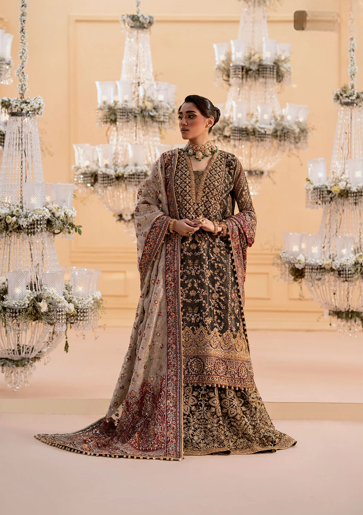Deep Antique Bronze & Charcoal: Heavy Embroidered Organza Suit | Ready To Wear