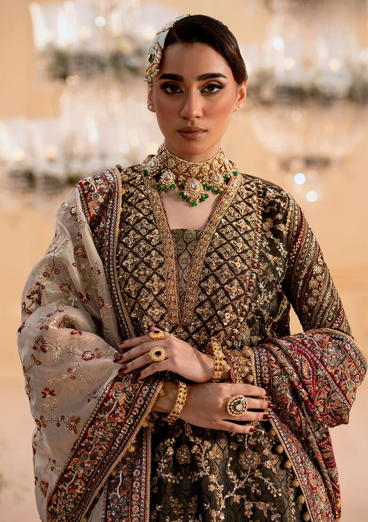 Deep Antique Bronze & Charcoal: Heavy Embroidered Organza Suit | Ready To Wear