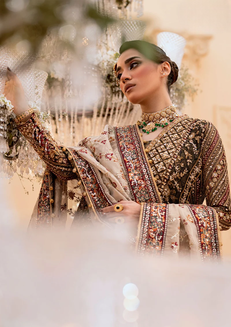 Deep Antique Bronze & Charcoal: Heavy Embroidered Organza Suit | Ready To Wear