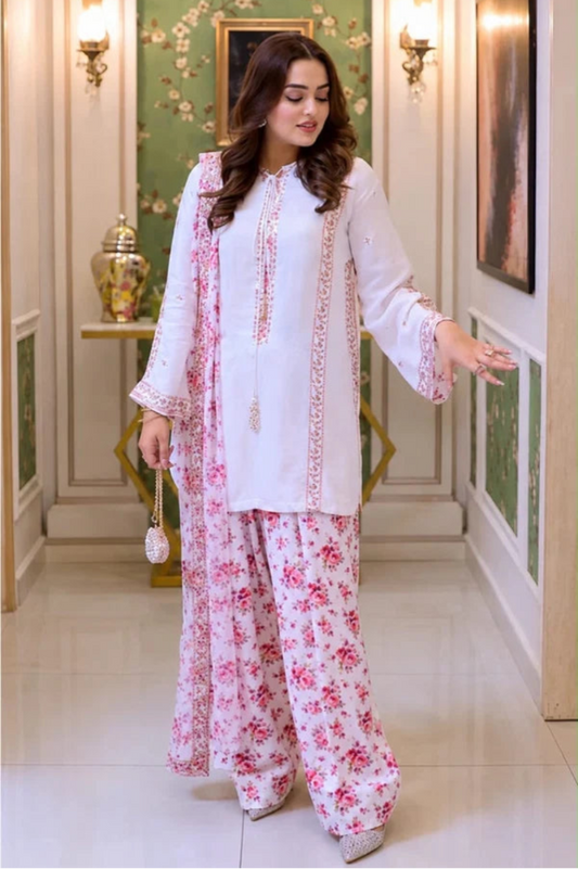 Ivory White & Blush Pink: Floral Printed Silk Suit | Ready To Wear