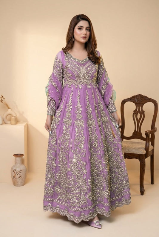 Soft Lilac & Silver Heavily Embroidered Net Maxi | Ready To Wear