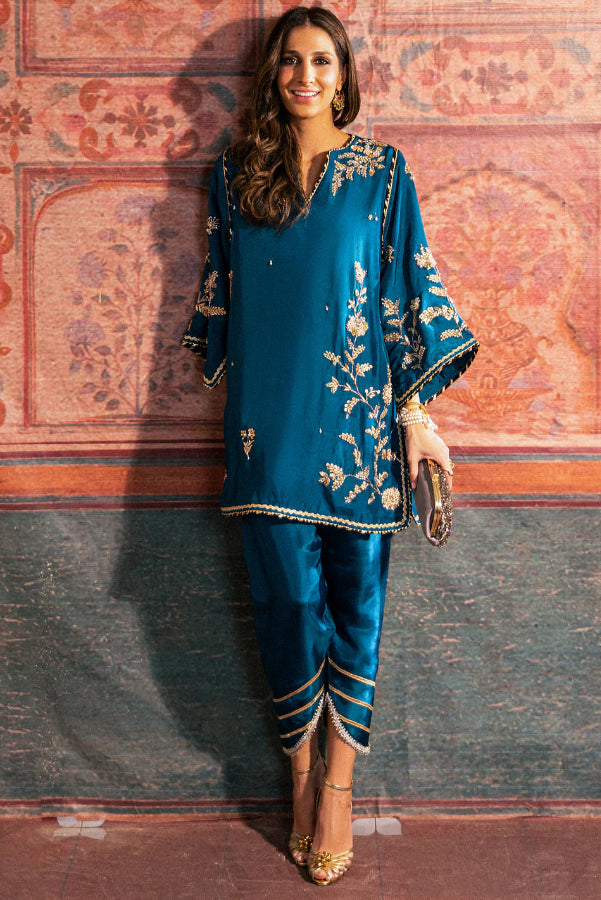 Asymmetric Zardozi Silk Set with Tulip Pants | Ready To Wear