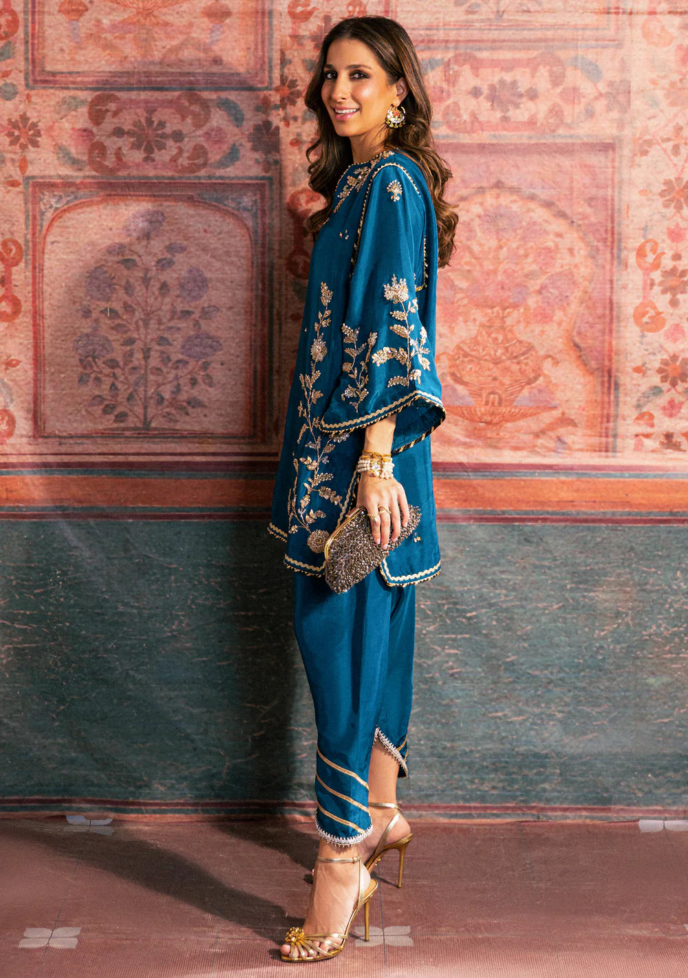 Asymmetric Zardozi Silk Set with Tulip Pants | Ready To Wear