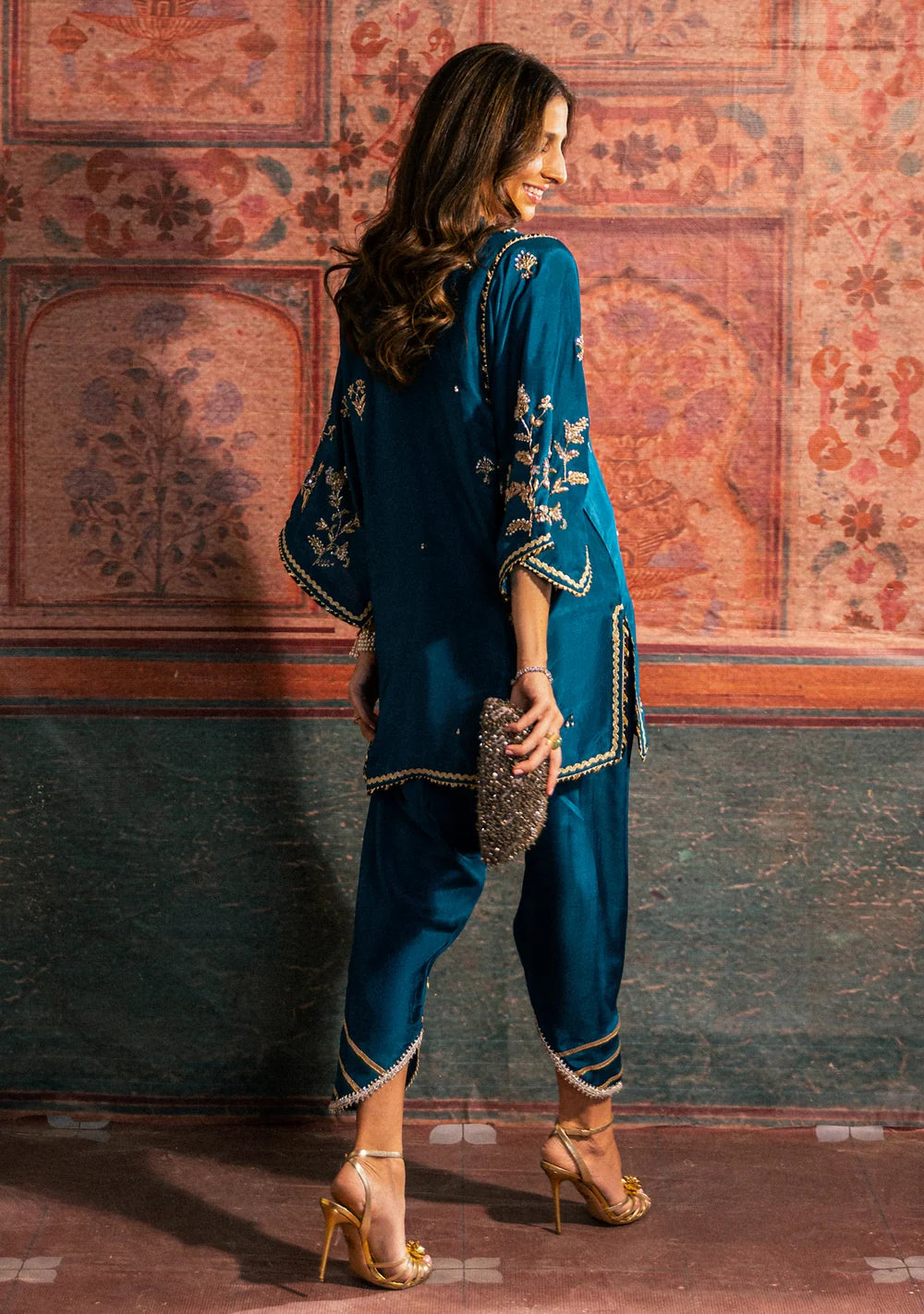 Asymmetric Zardozi Silk Set with Tulip Pants | Ready To Wear