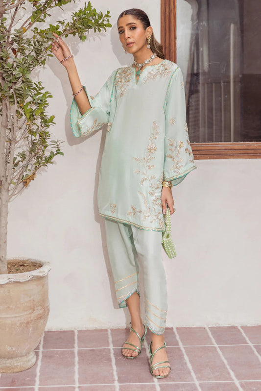 Asymmetric Zardozi Silk Set with Tulip Pants | Ready To Wear