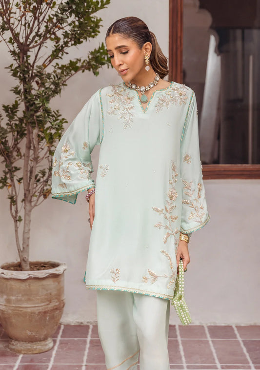 Asymmetric Zardozi Silk Set with Tulip Pants | Ready To Wear
