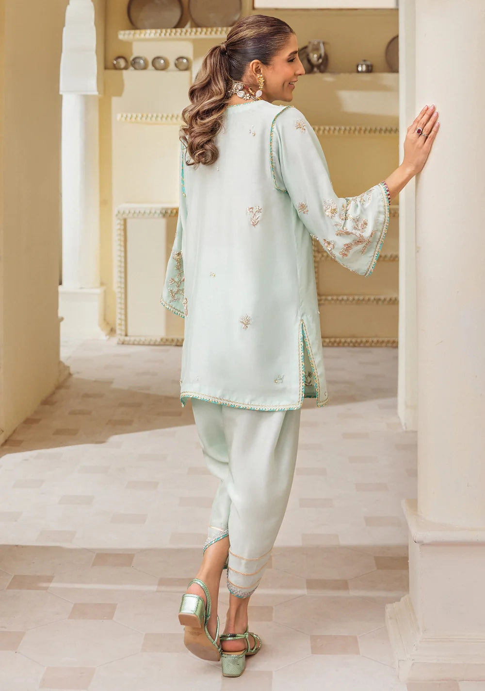 Asymmetric Zardozi Silk Set with Tulip Pants | Ready To Wear