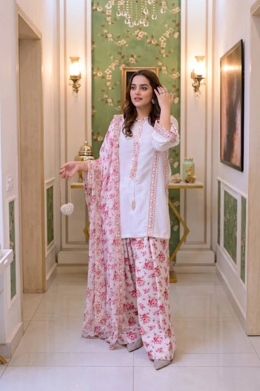 Ivory White & Blush Pink: Floral Printed Silk Suit | Ready To Wear