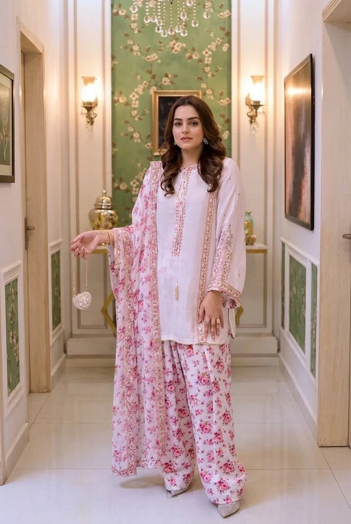 Ivory White & Blush Pink: Floral Printed Silk Suit | Ready To Wear
