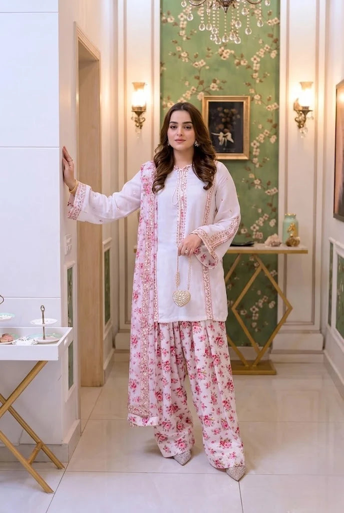Ivory White & Blush Pink: Floral Printed Silk Suit | Ready To Wear