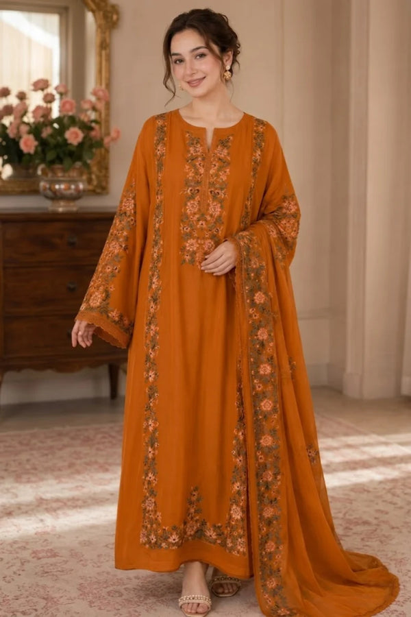 Warm Ochre Mustard: Embroidered Silk Kaftan Style Shirt | Ready To Wear