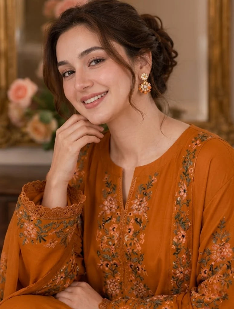 Warm Ochre Mustard: Embroidered Silk Kaftan Style Shirt | Ready To Wear