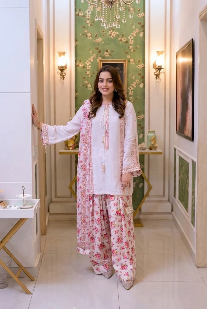 Ivory White & Blush Pink: Floral Printed Silk Suit | Ready To Wear