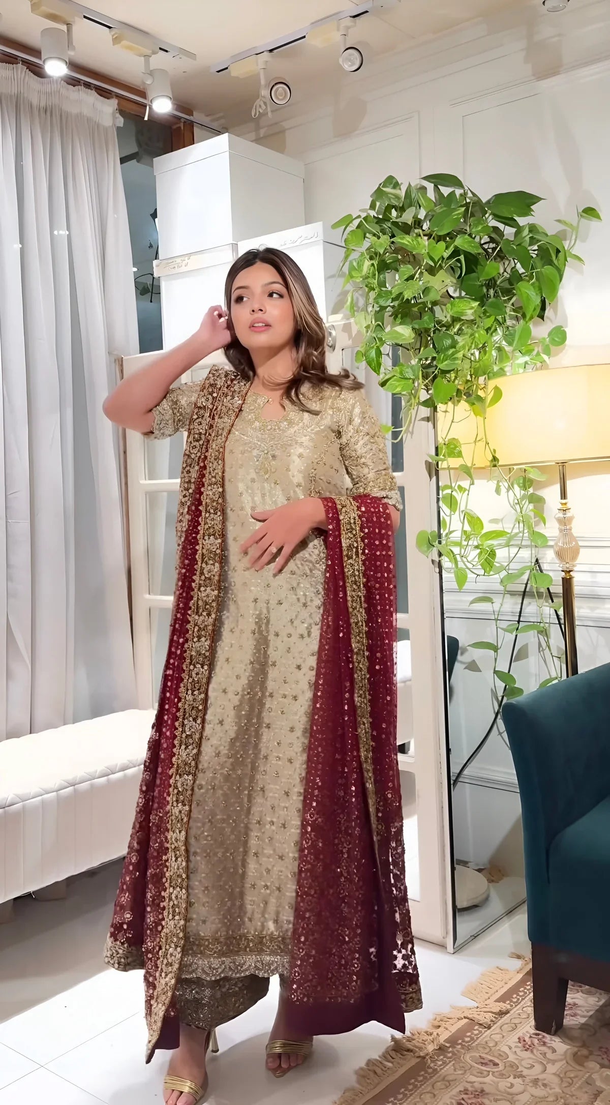 Shimmering Gold & Deep Maroon Embroidered 03-Piece Suit | Ready To Wear