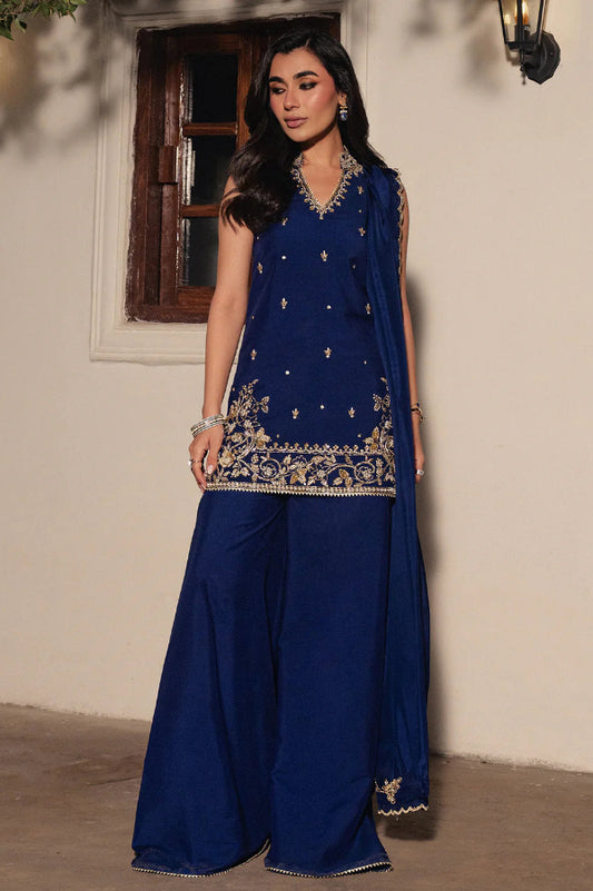 Deep Navy Blue: Silk Embroidered Short Shirt & Wide Palazzo | Ready To Wear