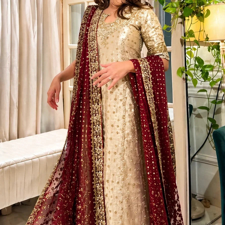 Shimmering Gold & Deep Maroon Embroidered 03-Piece Suit | Ready To Wear
